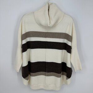 LOFT Turtleneck Poncho Sweater M Striped Relaxed Fit Ribbed Cream Brown NWT